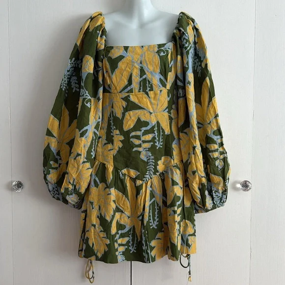 FARM RIO Foliage Sketch Green LongSleeve Linen MiniDress Tropical Lace-Up XL NWT - Picture 4 of 16